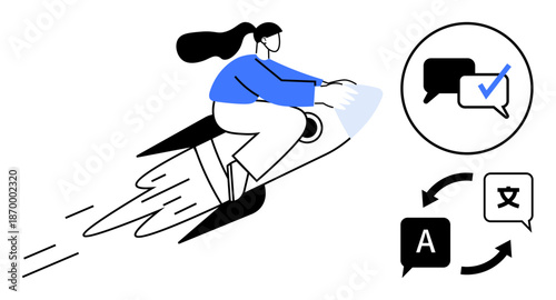Woman navigating a rocket symbolizing speed and progress. Language exchange, communication symbols, and arrows imply translation, multilingual fluency, global learning. Ideal for language learning