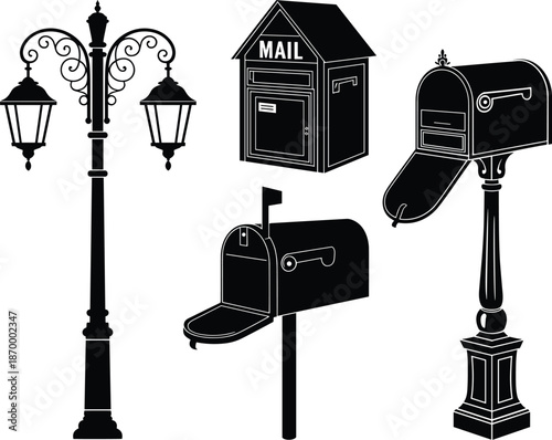 Black and white vector illustration of mailbox and street light post with vintage design for residential neighborhood mail delivery communication system graphic resource for community service and post