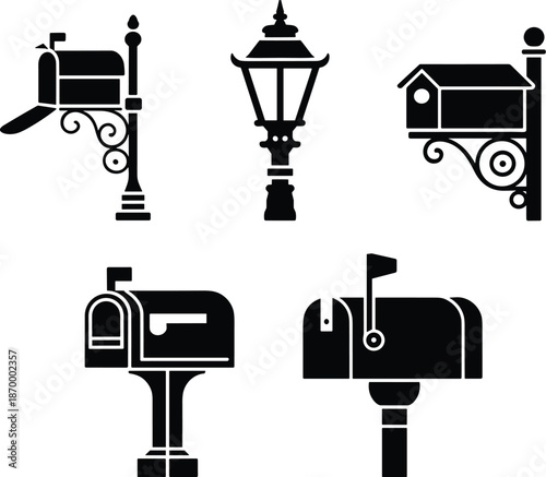 Black and White Mailboxes and Street Lamp Silhouette Vector Illustration Set of Vintage Style Mail Box on Post with Decorative Elements for Home Decor Garden Decoration and Graphic Design Projects 2D