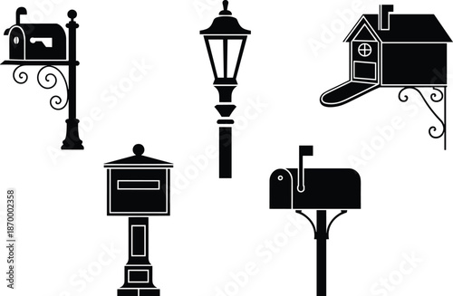 Collection of black and white mailbox and lamppost vector illustrations classic street furniture design elements for residential neighborhood graphic design projects outdoor home decor and community s