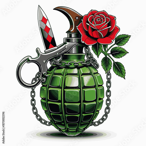 image of a grenade with a background of roses and a knife