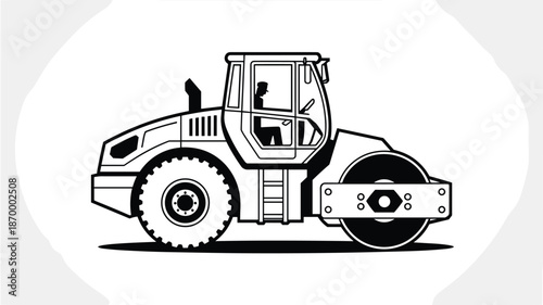 Heavy road roller construction machine vector illustration featuring asphalt compactor for roadworks infrastructure projects industrial transport equipment vehicle graphic design element for engineeri