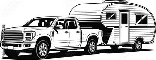 Modern pickup truck towing vintage camper trailer for outdoor adventure travel lifestyle in minimalist black and white line art illustration for automotive industry recreational vehicle transport tour