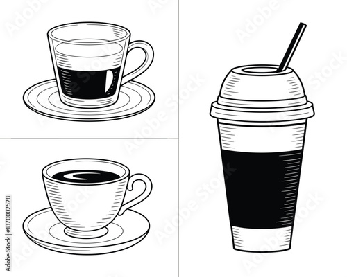 Black and white coffee cup and take away cup illustration vector design for cafe menu promotion advertisement beverage shop branding professional minimalist drink line art concept for cafeteria websit