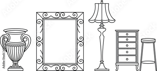 Elegant living room line art illustration of antique vase ornate picture frame classic floor lamp drawer cabinet and stool furniture for interior decoration home decor design projects architectural bl