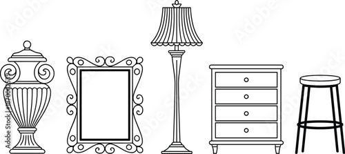 Elegant interior decor line art furniture collection minimalist style arrangement featuring ornate vase picture frame floor lamp chest of drawers and stool for interior design projects home decoration