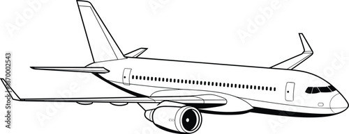 Detailed commercial airplane flying vector illustration isolated on white background passenger jet airliner aircraft aviation travel transport line art drawing for tourism industry educational materia