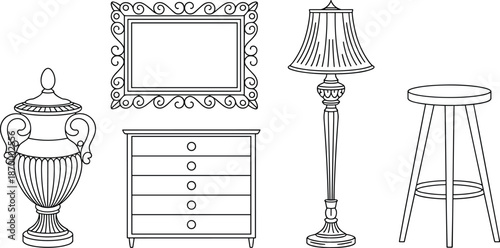 Elegant line art furniture arrangement featuring classic lamp stool dresser vase and ornate frame interior design elements for home decor advertising furniture store catalog product presentation conte