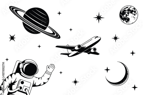 Monochrome astronaut waving hand with airplane flying in space featuring stars moon and planet with rings graphic illustration for astronomy education travel industry technology presentation modern mi