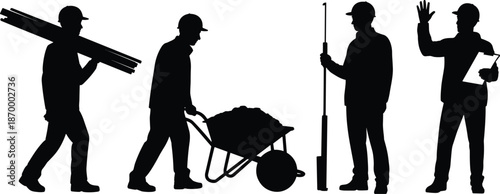Silhouetted construction workers carrying wood pushing wheelbarrow surveying land and taking notes on clipboard at industrial site professional team illustration for building architecture contractor e