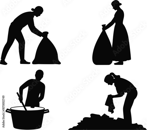 Silhouette people cleaning and cooking lifestyle various actions including lifting garbage bag stirring pot wiping surface housework chores domestic life responsibilities vector illustration for clean