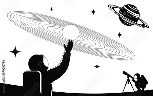 Astronaut Reaching for Planet in Space Exploration Mission Illustration Cosmos Galaxy Discovery Spacecraft Outer Space Journey Astronomy Concept for Education Science Fiction and Technology Projects B