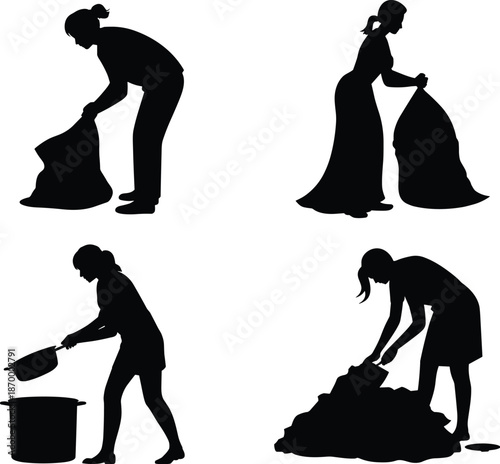 Silhouette of woman collecting trash and leaves. Female figure cleaning. Black and white vector illustration of domestic tasks. Environmental concept of waste management and sanitation services for po