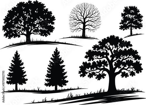 Collection of detailed tree silhouettes on white background vector illustration diverse forest tree shapes oak pine bare branches design for landscaping architecture nature conservation environmental