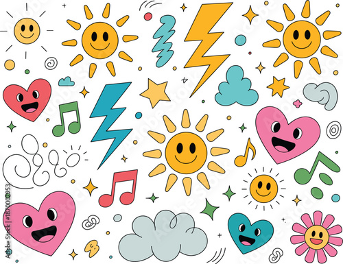 Whimsical cartoon doodle pattern with smiling suns hearts stars clouds and lightning bolts fun playful vector illustration for kids children's designs backgrounds textiles wallpaper and cheerful posit