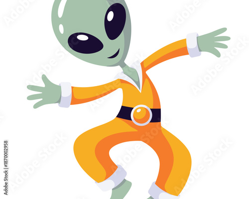 Cartoon alien dancing in retro jumpsuit fun character illustration for science fiction fantasy animation space exploration concept extraterrestrial visitor from another planet friendly mascot for kids