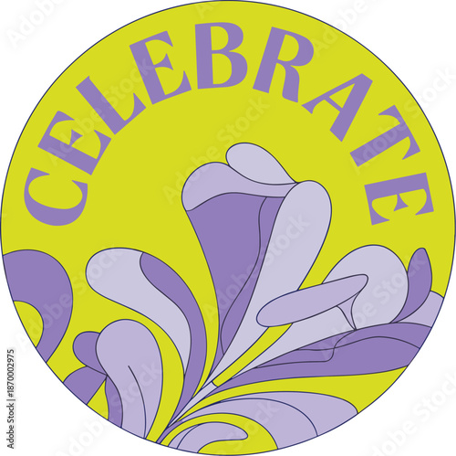 Vibrant celebrate graphic illustration with purple floral design on yellow background joyful celebration greeting card invitation template cheerful occasion positive message decorative element for fes