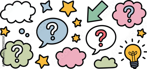 Colorful Question Marks in Speech Bubbles with Lightbulb and Stars Concept Illustration for Education Training Presentation Graphic Element Asking Questions Seeking Solutions Innovation and Creativity