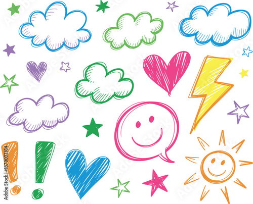 Colorful hand drawn doodle vector set with clouds stars hearts sun lightning speech bubble exclamation mark fun playful sketchbook style icons for kids education creative design illustrations and grap