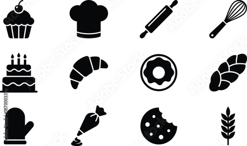 Bakery and pastry silhouette icon set, baking dessert vector collection with cupcake, chef hat, rolling pin, whisk, cake, croissant, donut, bread and cookie