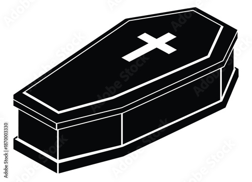 Simple black coffin with white cross on lid
