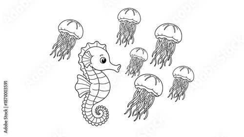 Playful Seahorse and Jellyfish Coloring Page, Whimsical Marine Life for Toddlers. svg.