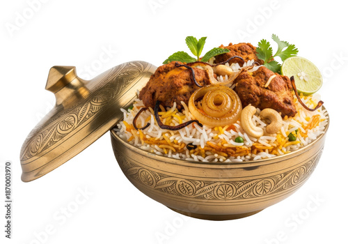 ornate brass bowl with spiced chicken rice for ramadan feast