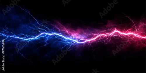 A powerful fractal energy design features a blue electric lightning bolt flashing through dark space with glowing plasma waves and an abstract motion of light against a black night storm