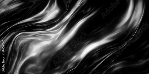 Smooth black satin and silk fabric background with blue light flowing over luxury soft textile waves in a liquid motion design