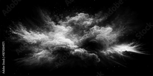 Dramatic white smoke swirls like stormy clouds against a dark black background creating an atmospheric and artistic nature cloudscape