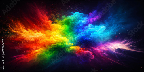 Abstract colorful rainbow background with stars featuring a fantasy nebula of smoke and fire amidst a blue and red fractal galaxy texture for a science fiction wallpaper illustration