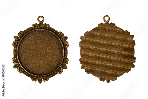 Konstfotografi Vintage bronze pendant blank tray front and back view isolated on white background