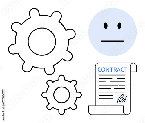 Workflow automation, agreement processes, legal documentation, emotions, decision-making, professional services. Two gears, neutral emoticon signed contract. Workflow automation and agreement