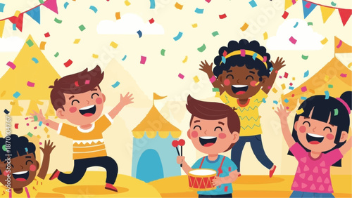 Happy children celebrating at a vibrant carnival with confetti and bunting