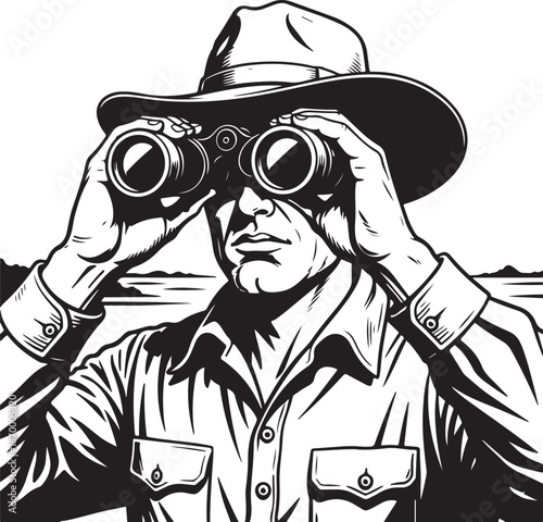 A determined explorer in a classic cowboy hat uses binoculars to scan the horizon for discovery