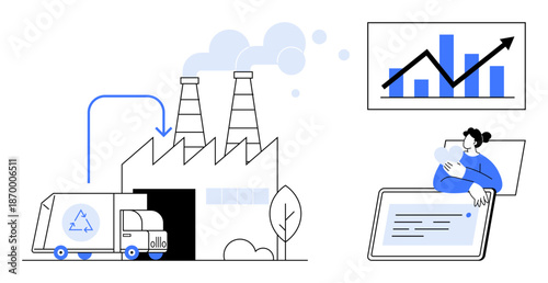 Recycling process. Recycling highlighted with factory, truck, and monitoring tools. Recycling links to sustainability goals, efficient waste management, and remote monitoring. For eco-tech, waste