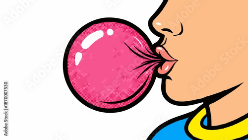 Child Blowing Large Pink Bubble Gum Bubble