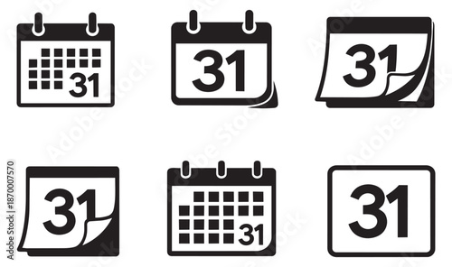 Simple calendar icon set featuring various designs with the number 31 for scheduling and event planning