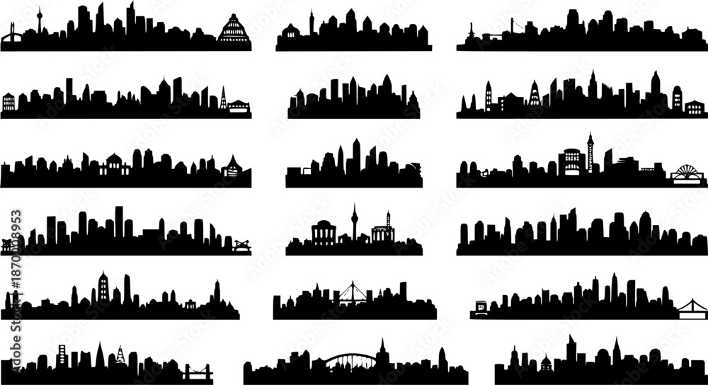 Obraz premium City silhouette vector set. Panorama city background. Skyline urban border collection.