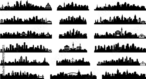 City silhouette vector set. Panorama city background. Skyline urban border collection.