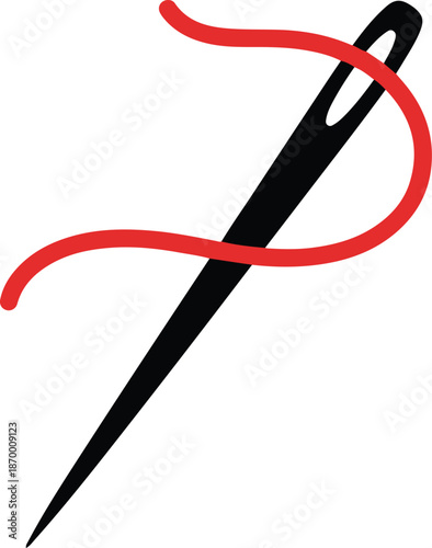 Simple graphic illustration of a black sewing needle with vibrant red thread