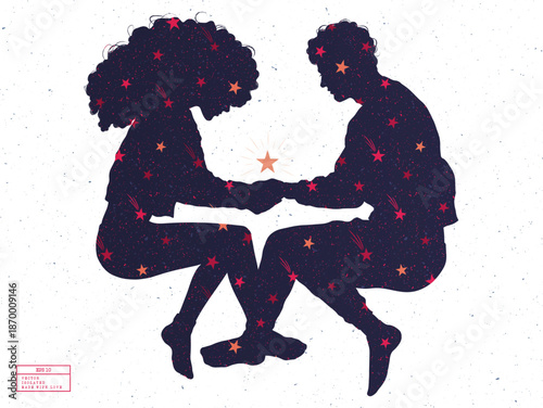 Silhouette of lovers. Couple hold hands. Red and orange falling stars