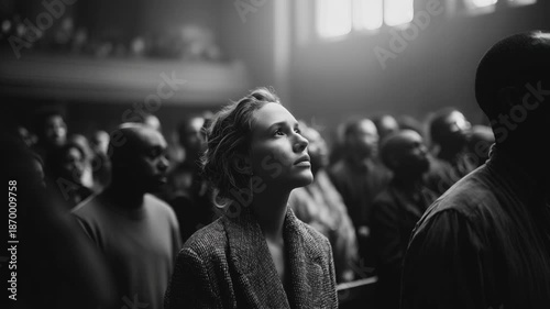 A diverse group of people in a dimly lit space, with a young blond woman in the foreground looking upwards. The atmosphere is contemplative and solemn.