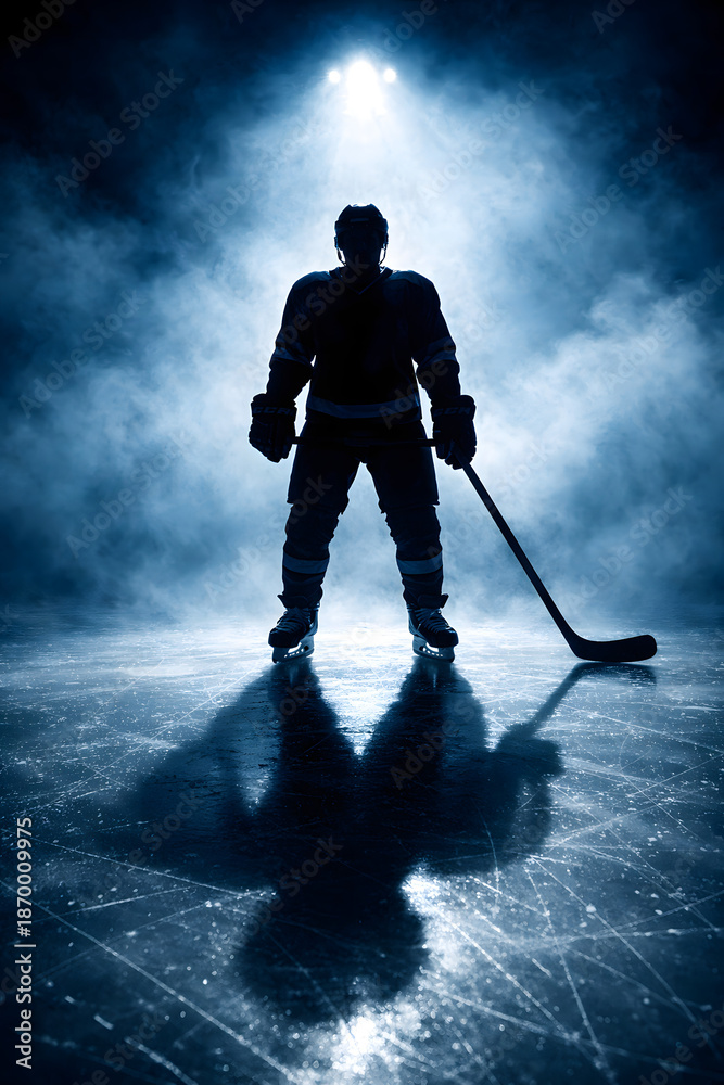 Naklejka premium Dark silhouette of a male hockey player in a uniform, helmet and skates with a stick on the ice arena with smoke and blue back light. Sportsman posing at the stadium ice rink. Winter sports.