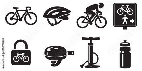 Cycling silhouette icons set featuring bicycles, safety gear, and accessories for sport and transportation