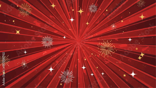 a vibrant red burst of light radiates outward with scattered sparkling fireworks and gleaming stars against a dark backdrop