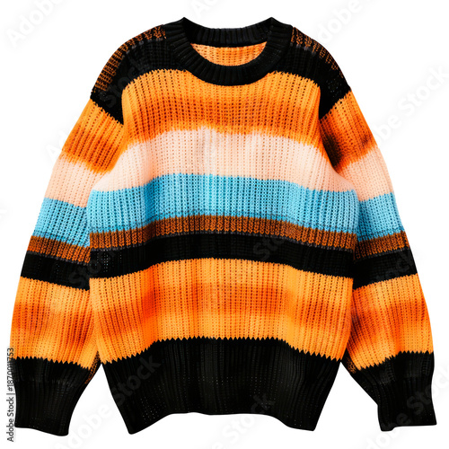Colorful striped knitted sweater in realistic textile style isolated on transparent background