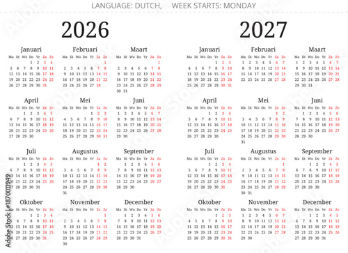 Dutch calendar 2027 and 2026 years. Vector illustration serif font. 12 months kalender Netherlands.