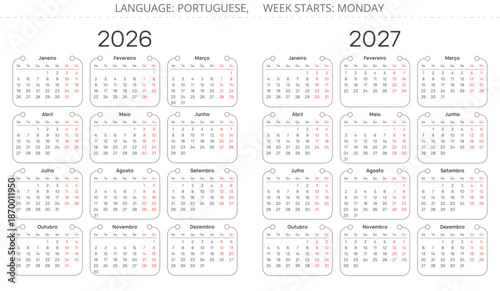 Portuguese annual calendar for 2027 and 2026 year. Two vector illustrations Portugal