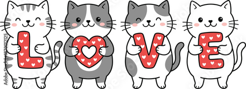 Cute cats holding love letters illustration, kawaii kitten characters spelling love, Valentine’s Day greeting, adorable cartoon style design